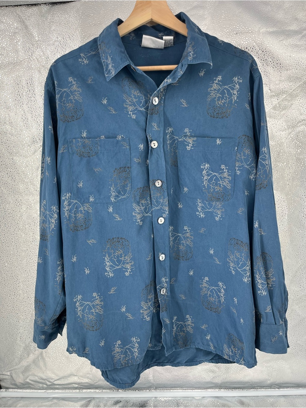 VTG Chico's Design 100% Raw Silk Twill Shirt Textured Blue Artsy Boho Sz 2 L/XL